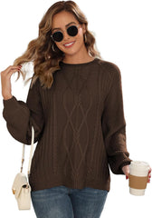 Womens Chunky Cable Knit Pullover Fall Crewneck Sweater Outfits Long Sleeve Tops