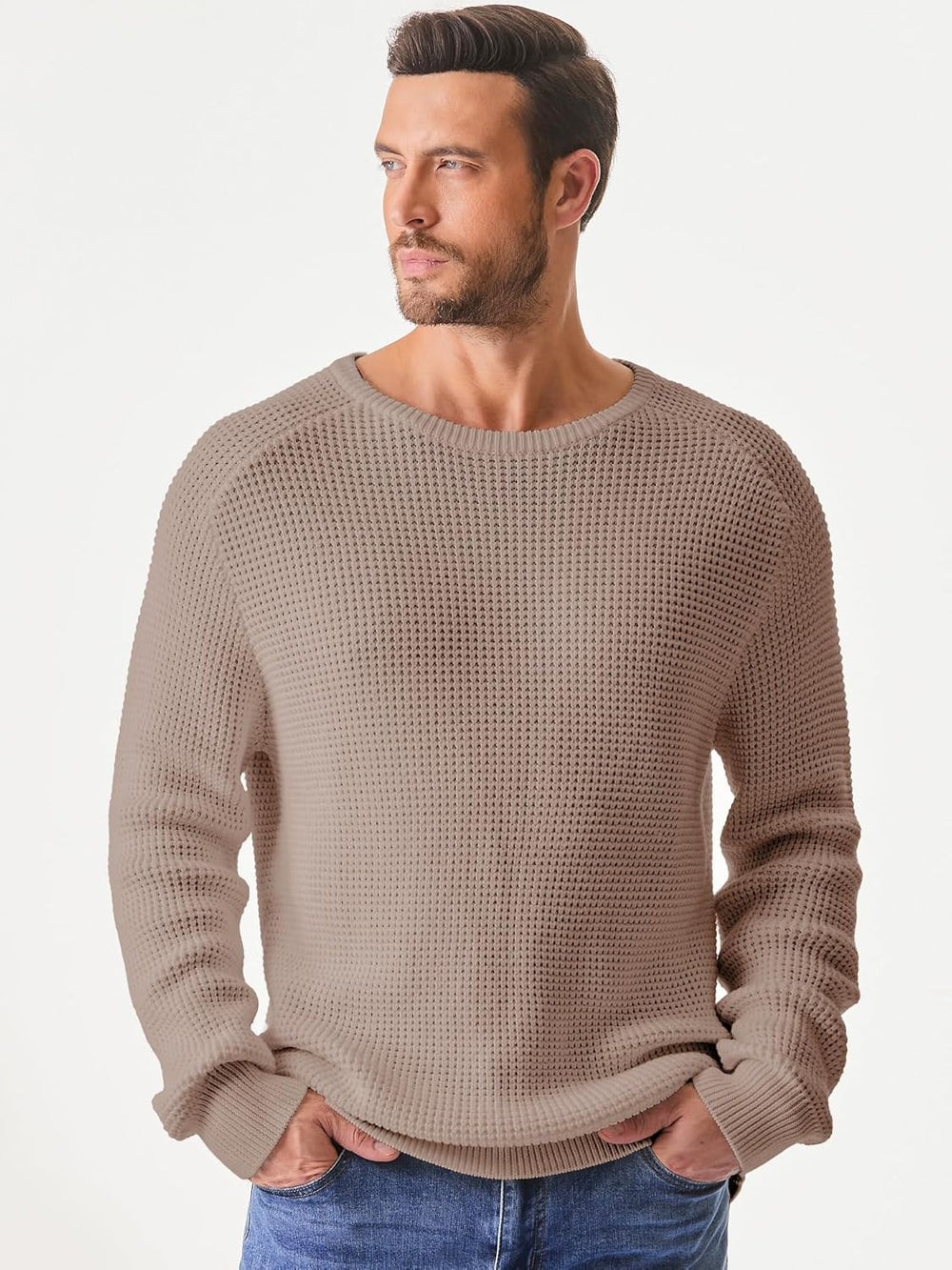 Men's Crewneck Pullover Sweater Waffle Textured Knitted Sweaters Casual Loose Fit Sweaters with Ribbing Edge