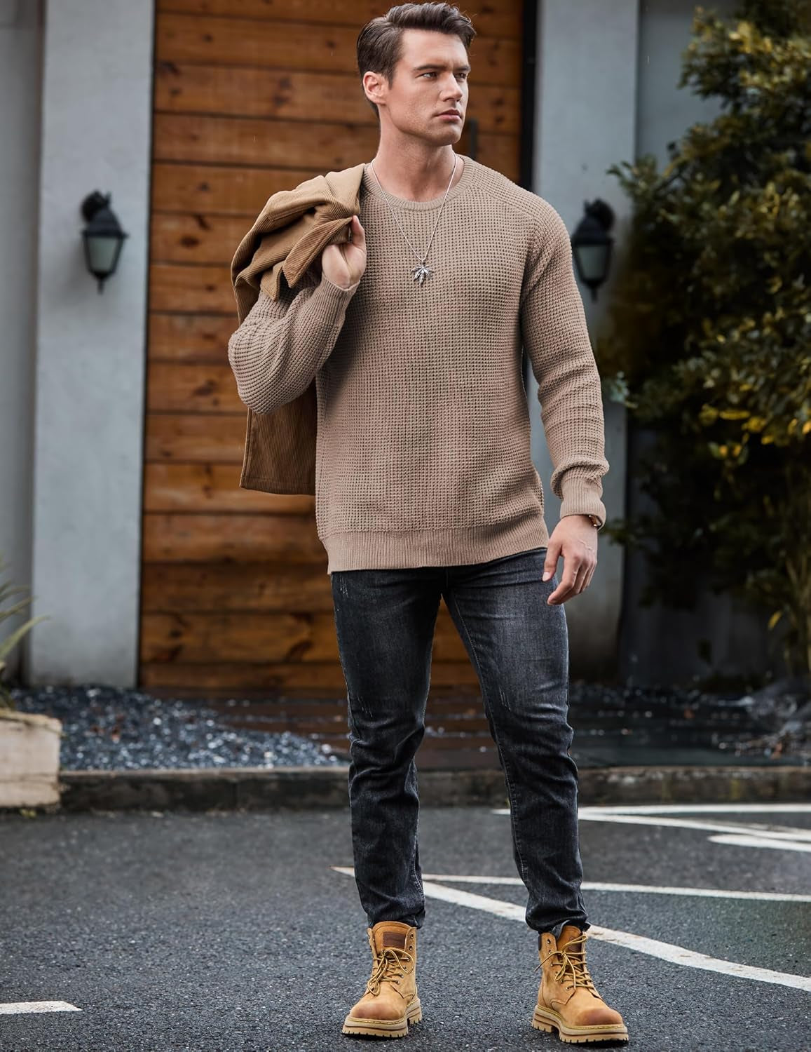 Men's Crewneck Pullover Sweater Waffle Textured Knitted Sweaters Casual Loose Fit Sweaters with Ribbing Edge