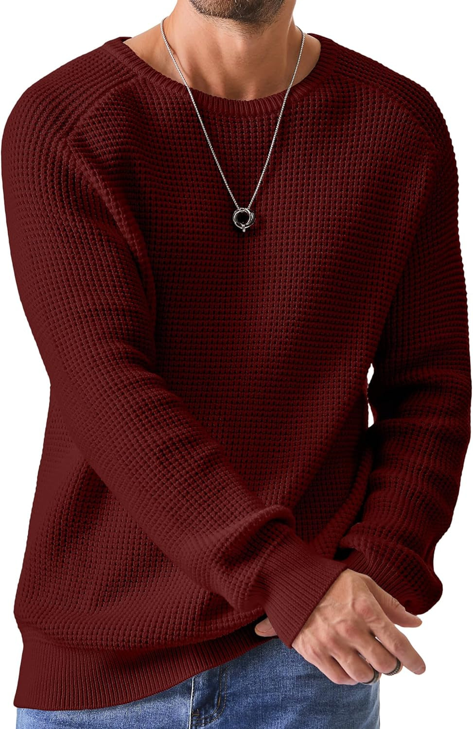 Men's Crewneck Pullover Sweater Waffle Textured Knitted Sweaters Casual Loose Fit Sweaters with Ribbing Edge