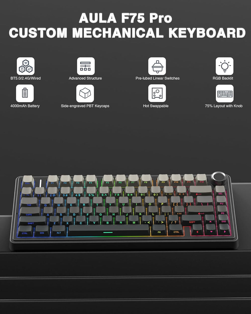 F75 Pro Wireless Mechanical Keyboard,75% Hot Swappable Custom Keyboard with Knob,RGB Backlit