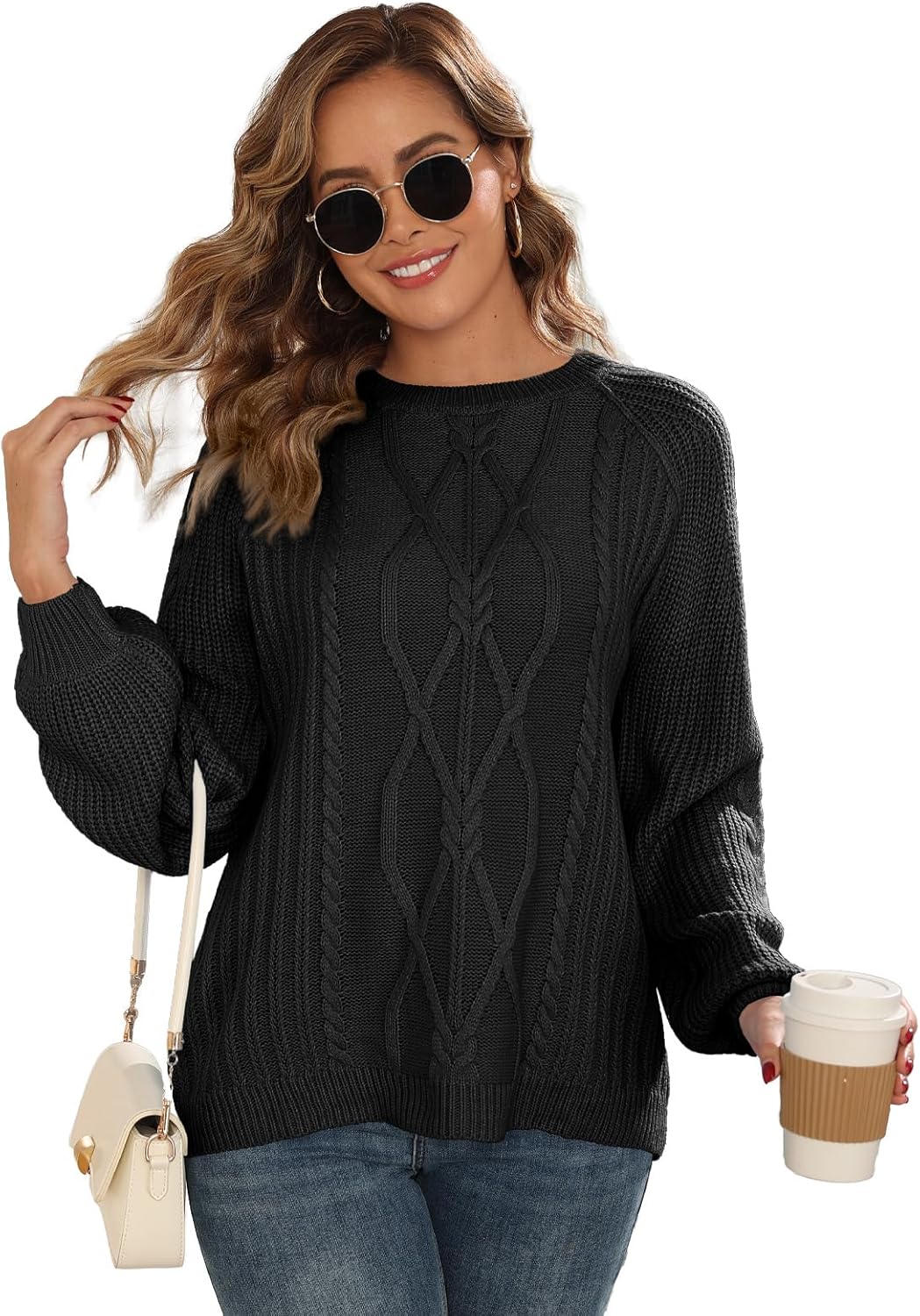 Womens Chunky Cable Knit Pullover Fall Crewneck Sweater Outfits Long Sleeve Tops