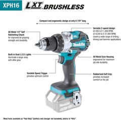 XPH16Z 18V LXT® Lithium-Ion Compact Brushless Cordless 1/2" Hammer Driver-Drill, Tool Only