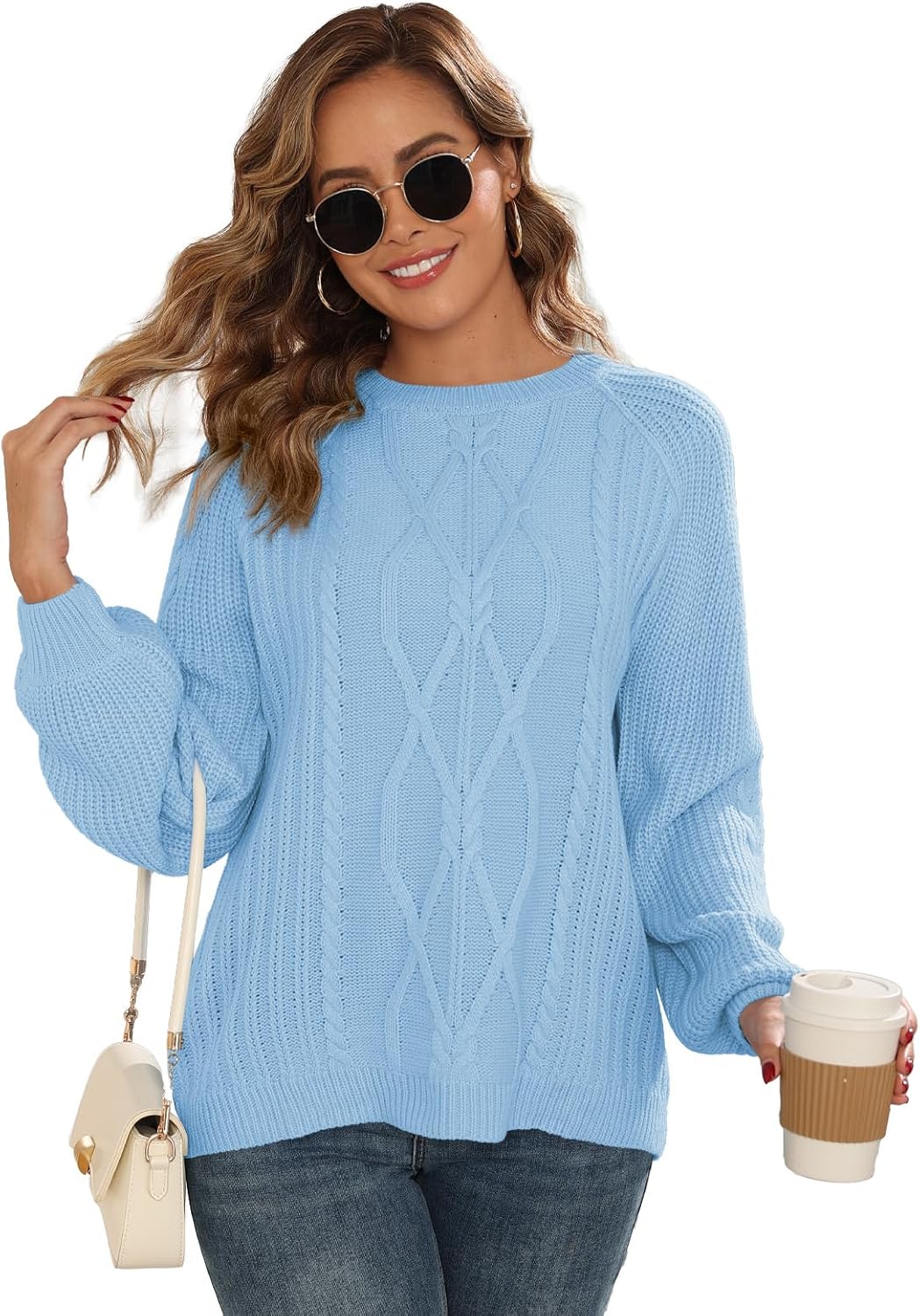 Womens Chunky Cable Knit Pullover Fall Crewneck Sweater Outfits Long Sleeve Tops