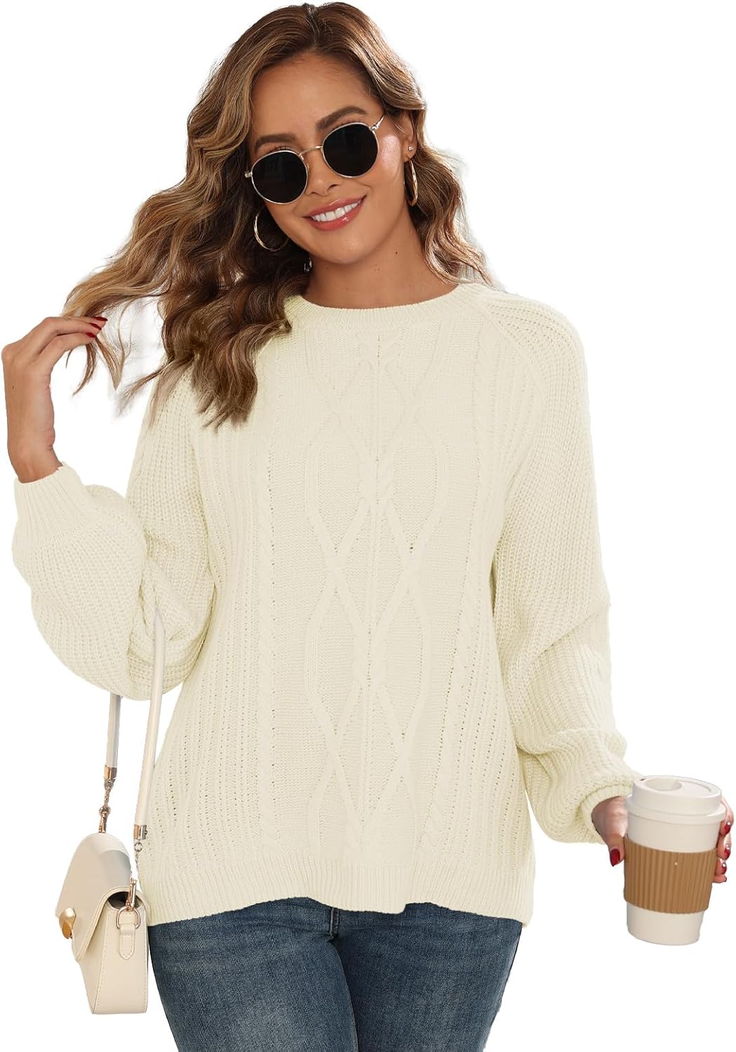 Womens Chunky Cable Knit Pullover Fall Crewneck Sweater Outfits Long Sleeve Tops