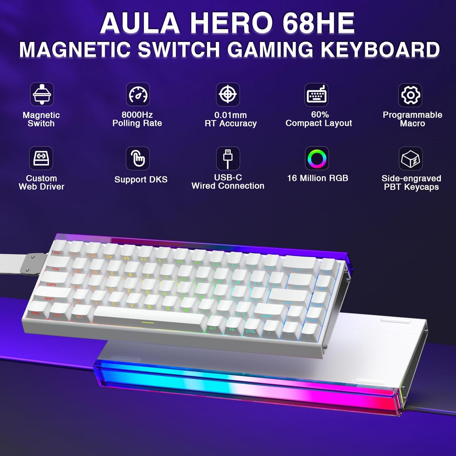 Hero 68 HE 60% Gaming Keyboard Wired, Hall Effect Magnetic Switch Keyboard with Adjustable Actuation, Fast Trigger Mode, 8K Hz Polling Rate, 0.125ms Latency,Side Printed PBT Keycaps, RGB Backlit