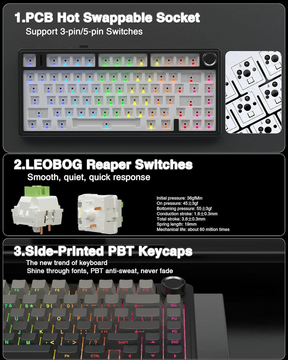 F75 Pro Wireless Mechanical Keyboard,75% Hot Swappable Custom Keyboard with Knob,RGB Backlit
