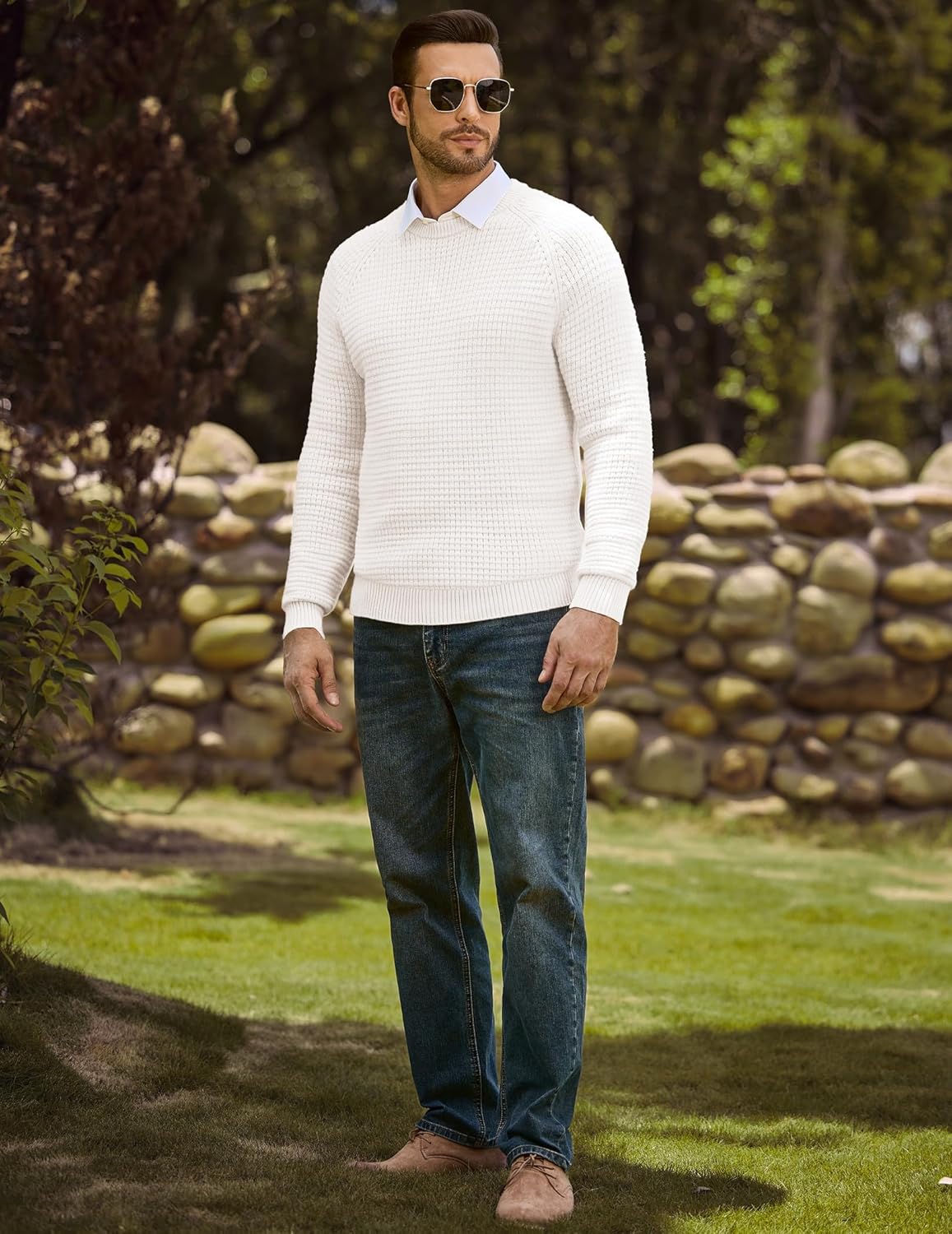 Mens Crewneck Sweater Waffle Textured Knitted Solid Pullover Casual Daily Wear Soft 2025 Fashion Pullovers