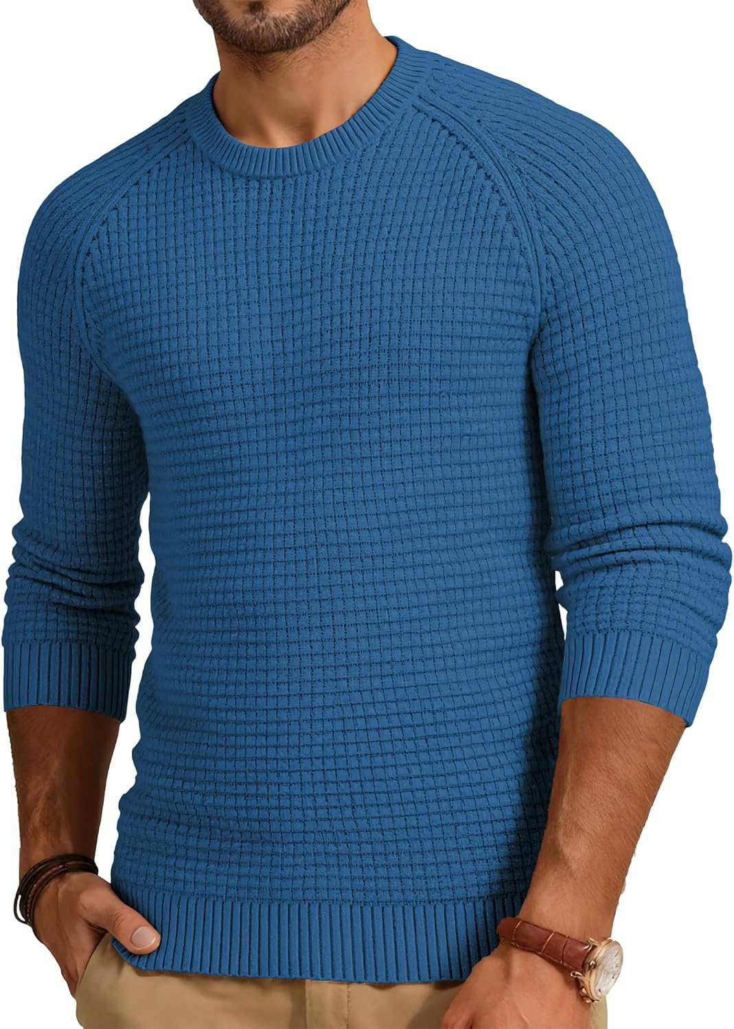 Mens Crewneck Sweater Waffle Textured Knitted Solid Pullover Casual Daily Wear Soft 2025 Fashion Pullovers
