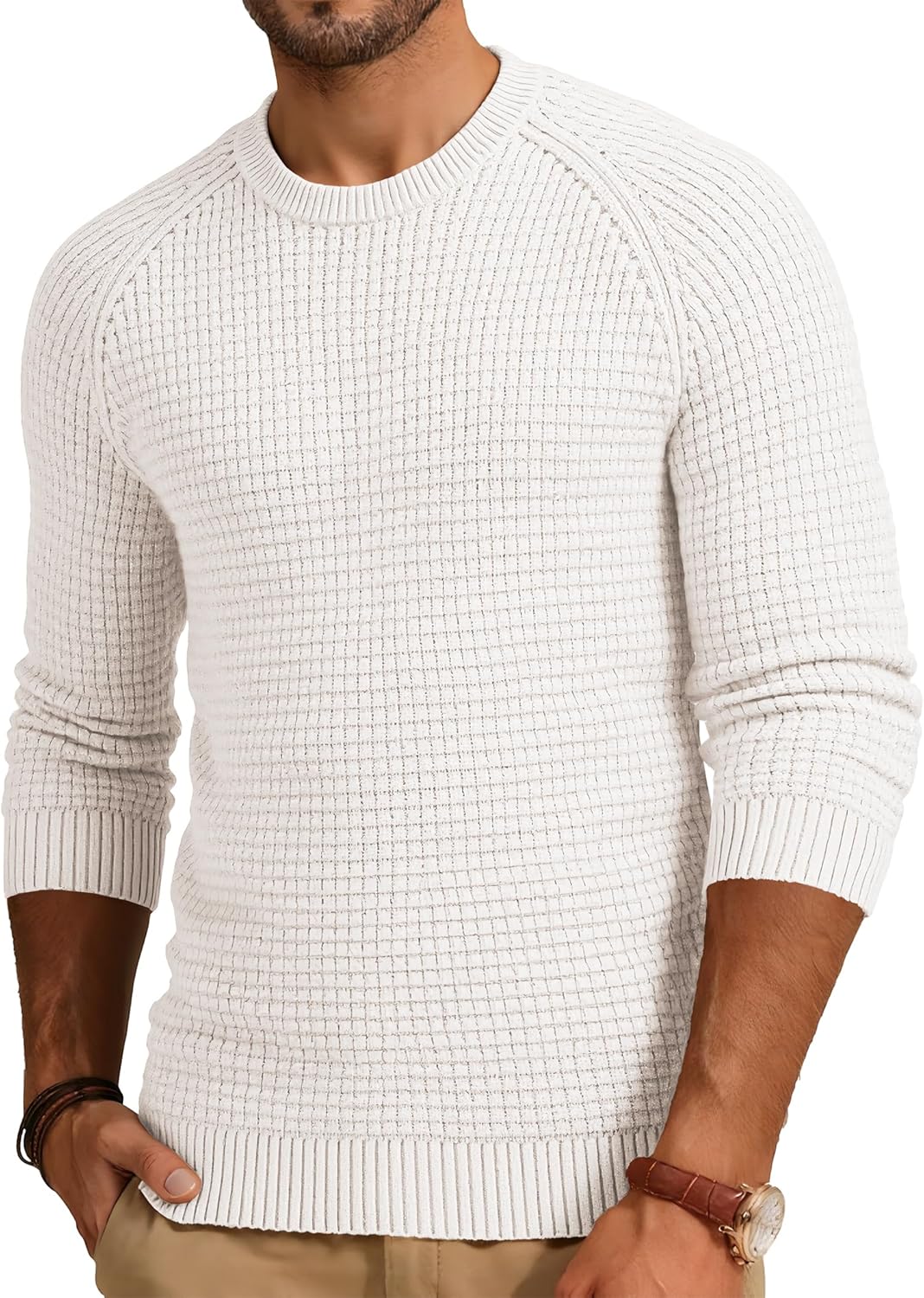 Mens Crewneck Sweater Waffle Textured Knitted Solid Pullover Casual Daily Wear Soft 2025 Fashion Pullovers