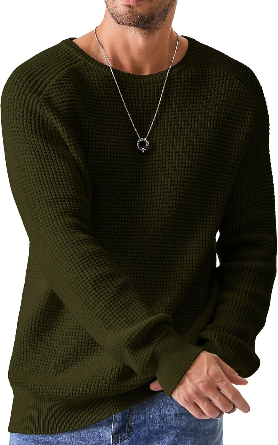 Men's Crewneck Pullover Sweater Waffle Textured Knitted Sweaters Casual Loose Fit Sweaters with Ribbing Edge