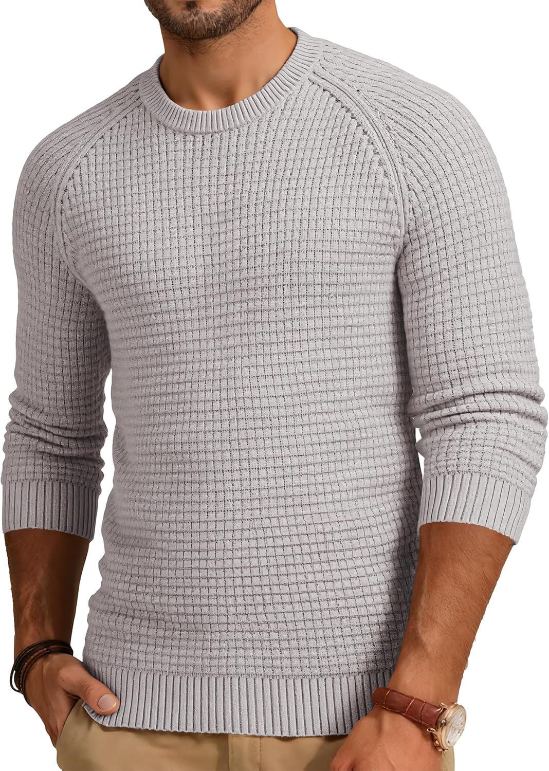 Mens Crewneck Sweater Waffle Textured Knitted Solid Pullover Casual Daily Wear Soft 2025 Fashion Pullovers