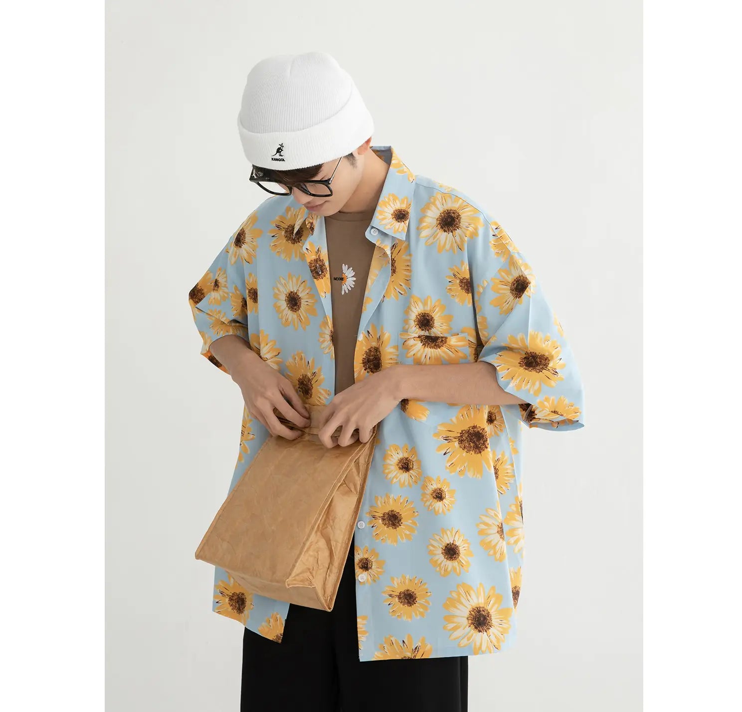 Men's Summer Short Sleeve Floral Shirt with Unique Collar