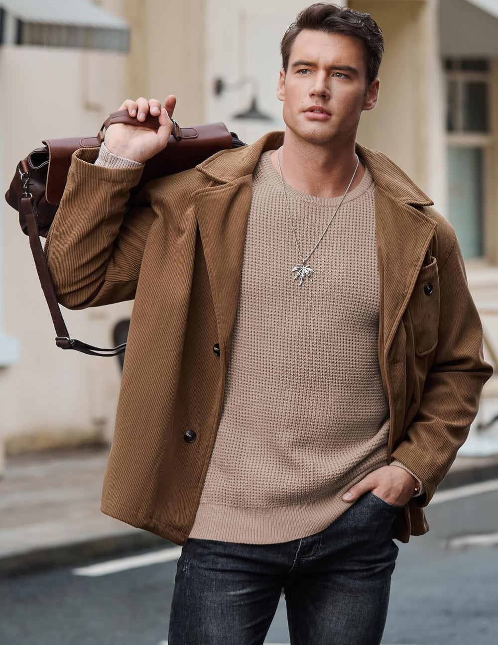 Men's Crewneck Pullover Sweater Waffle Textured Knitted Sweaters Casual Loose Fit Sweaters with Ribbing Edge