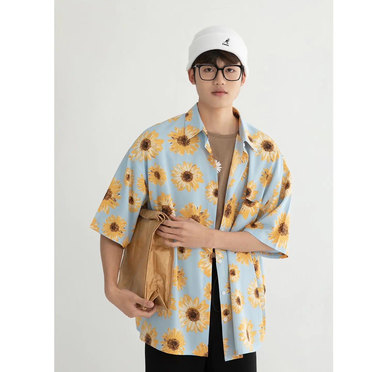 Men's Summer Short Sleeve Floral Shirt with Unique Collar